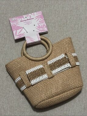 NWT Tommy Bahama Mini Bag-Natural/White Woven Material-OpenTop-Hand Carry Straps
